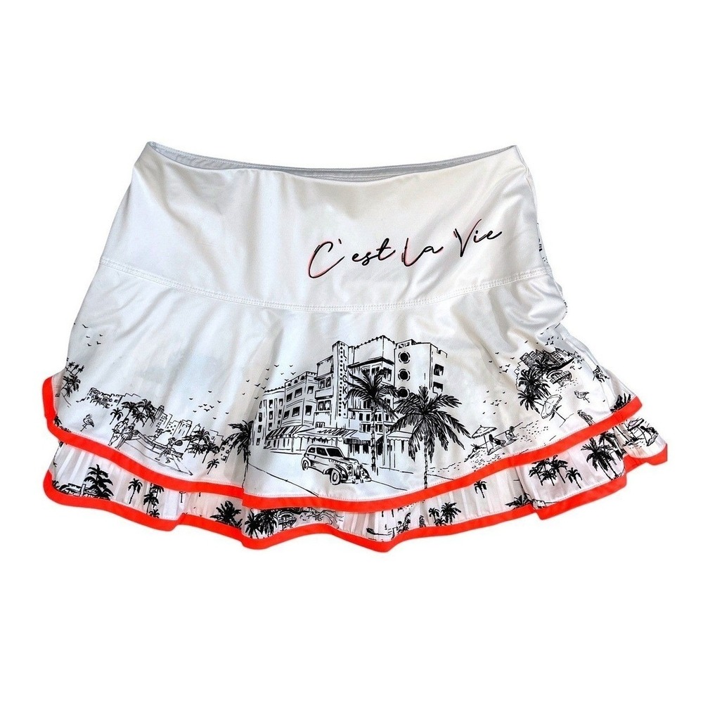 Lucky in Love C'est La Vie Tennis Skort White Black Orange Pleated Skirt Size L